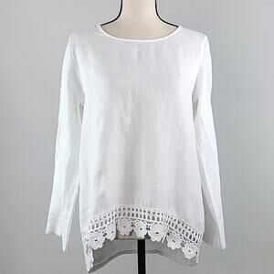 Terzo Millennio Women's White Linen Blouse with Crocheted‎ Knit Trim Small